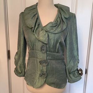 SAMUEL DONG TOP BLOUSE GREEN SHIMMER ROSETTES Size S